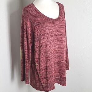Perch Pink & Black Tweed Sweater with Tan Side Buttons & Elbow Patches, Size 2X